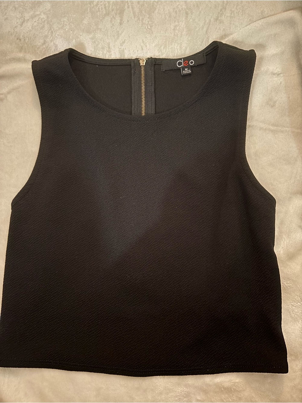 cleo Black Sleeveless Crewneck Tank with Gold Back Zip